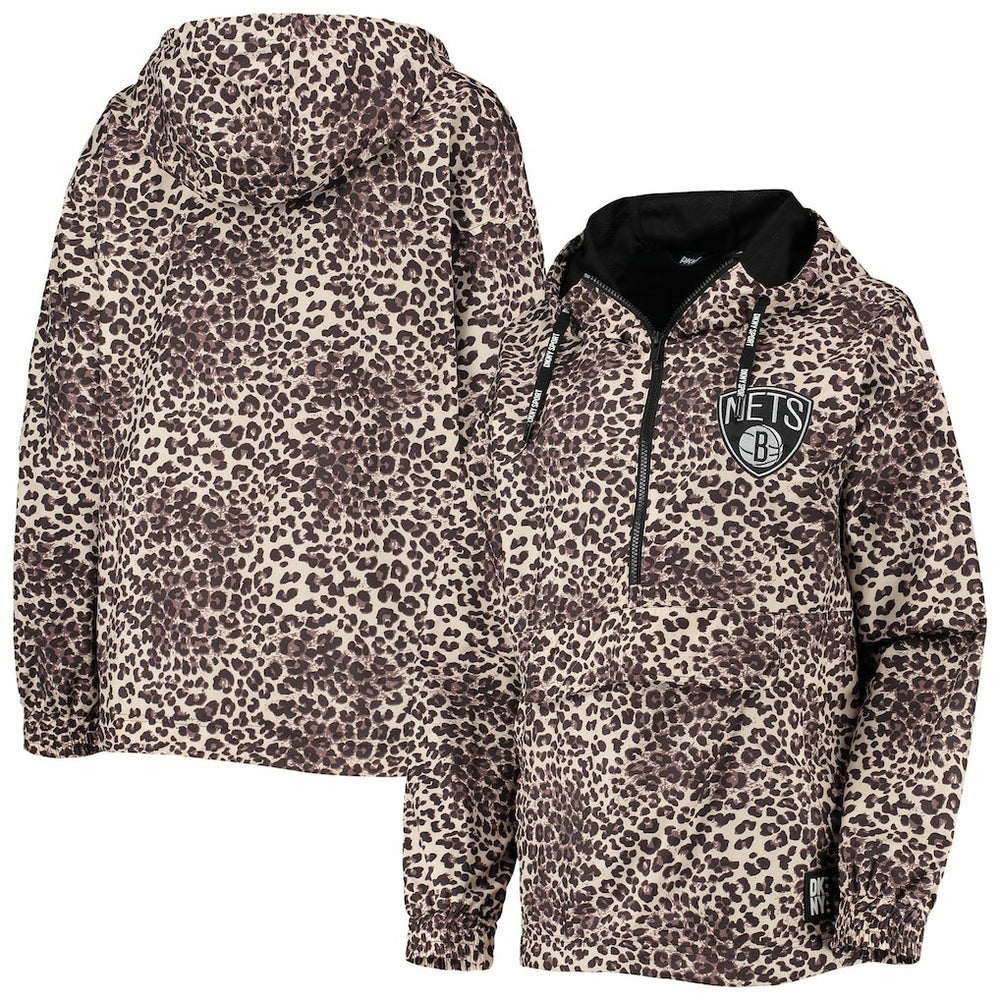 Brooklyn Nets DKNY Sport Women's Gabriella Windbreaker Half-Zip Hoodie Leopard - NBA