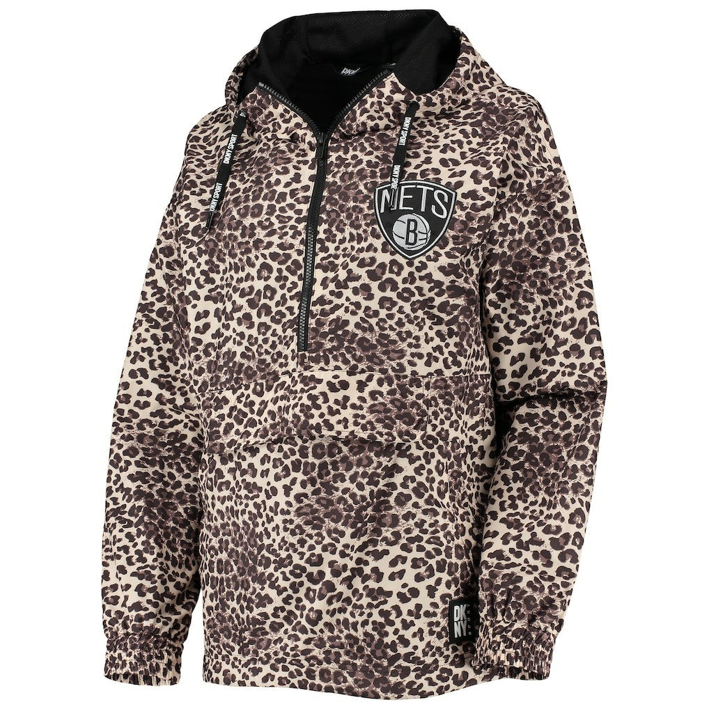 Brooklyn Nets DKNY Sport Women's Gabriella Windbreaker Half-Zip Hoodie Leopard - NBA