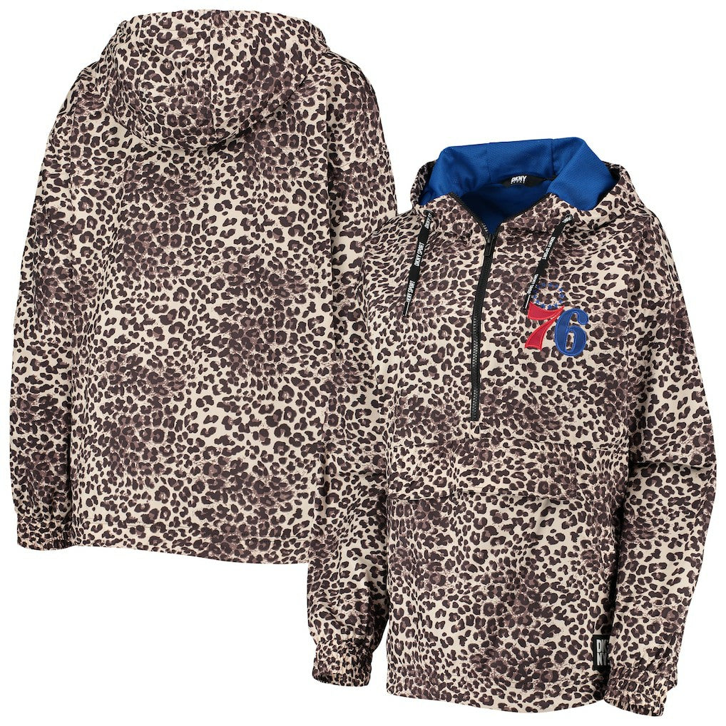 Philadelphia 76ers DKNY Sport Women's Gabriella Windbreaker Half-Zip Hoodie Leopard - NBA