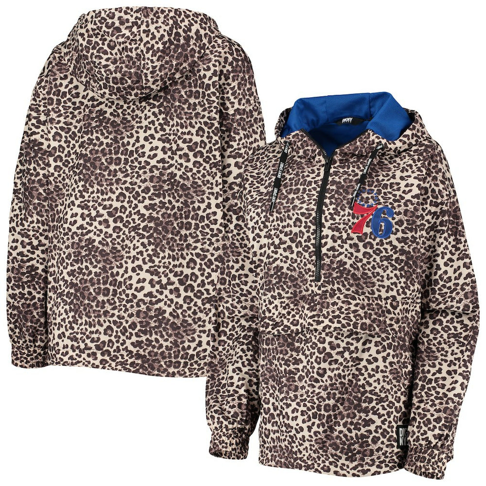 Philadelphia 76ers DKNY Sport Women's Gabriella Windbreaker Half-Zip Hoodie Leopard - NBA