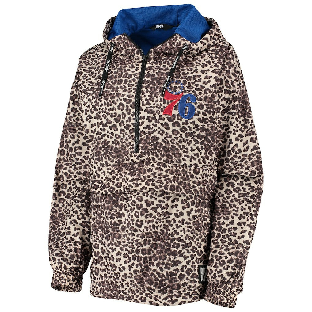 Philadelphia 76ers DKNY Sport Women's Gabriella Windbreaker Half-Zip Hoodie Leopard - NBA