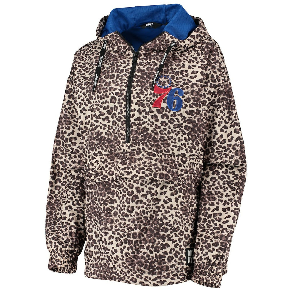 Philadelphia 76ers DKNY Sport Women's Gabriella Windbreaker Half-Zip Hoodie Leopard - NBA