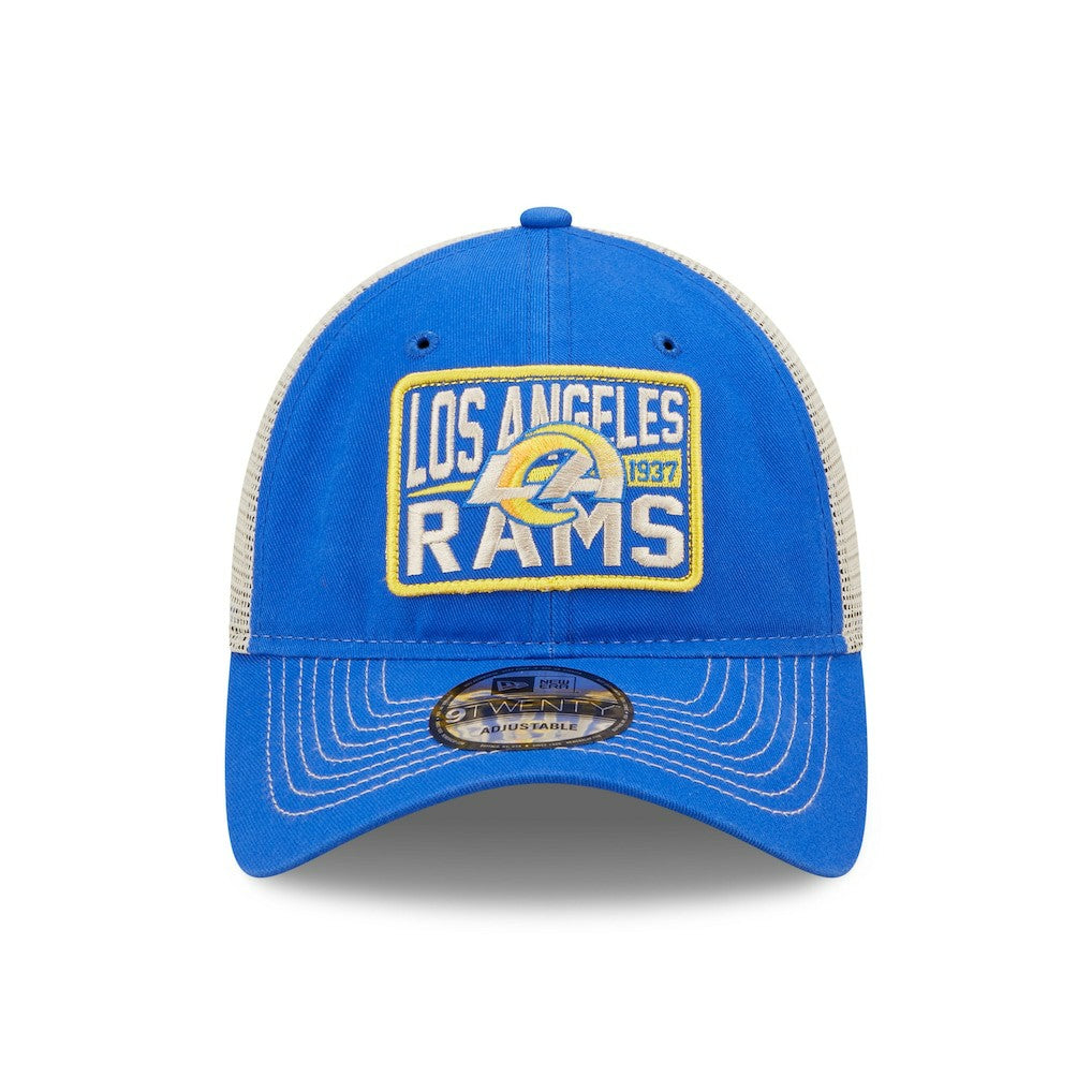 Los Angeles Rams New Era Devoted Trucker 9TWENTY Snapback Hat Royal/Natural | NFL