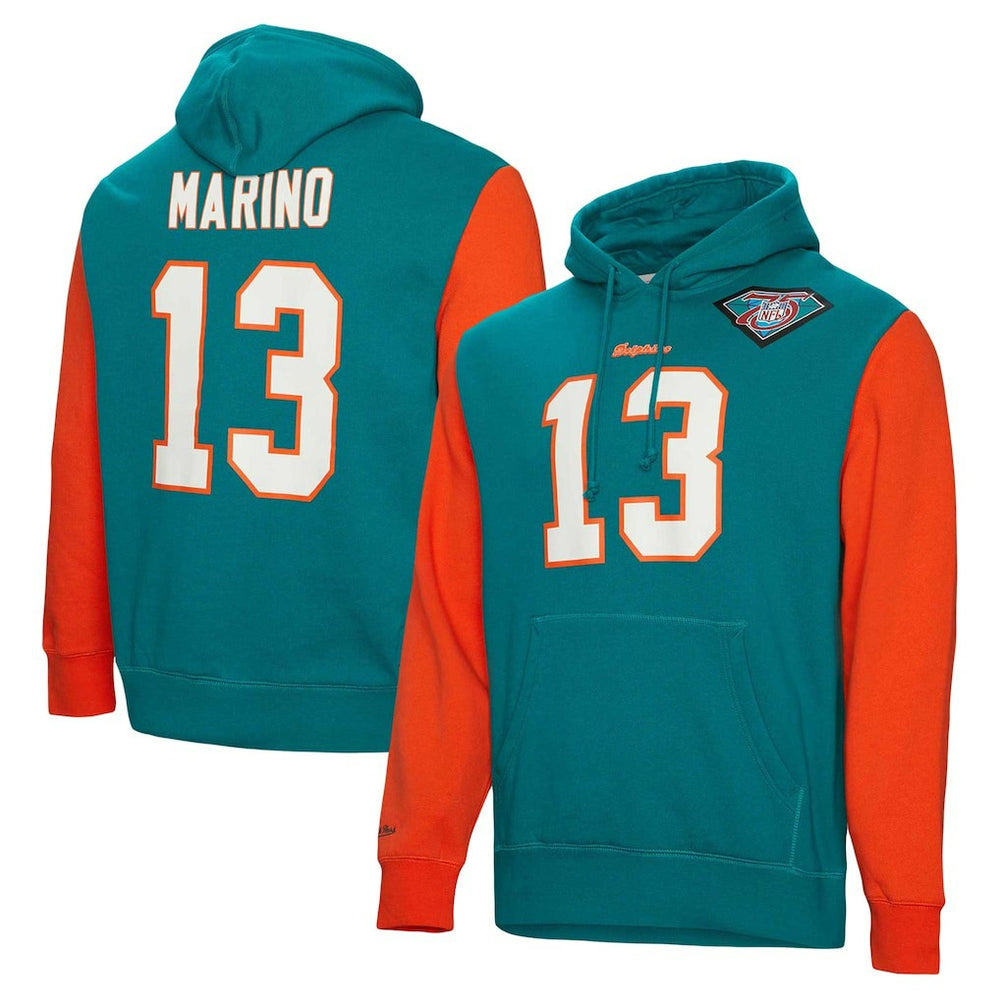 Dan Marino Miami Dolphins Retired Player Name & Number Pullover Hoodie Aqua | Mitchell & Ness