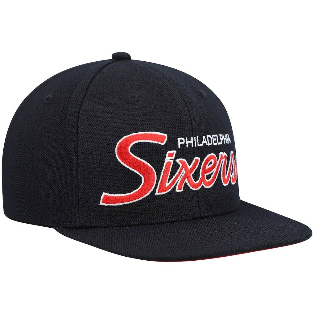 Philadelphia 76ers Hardwood Classics Script 2.0 Snapback Hat Black - NBA