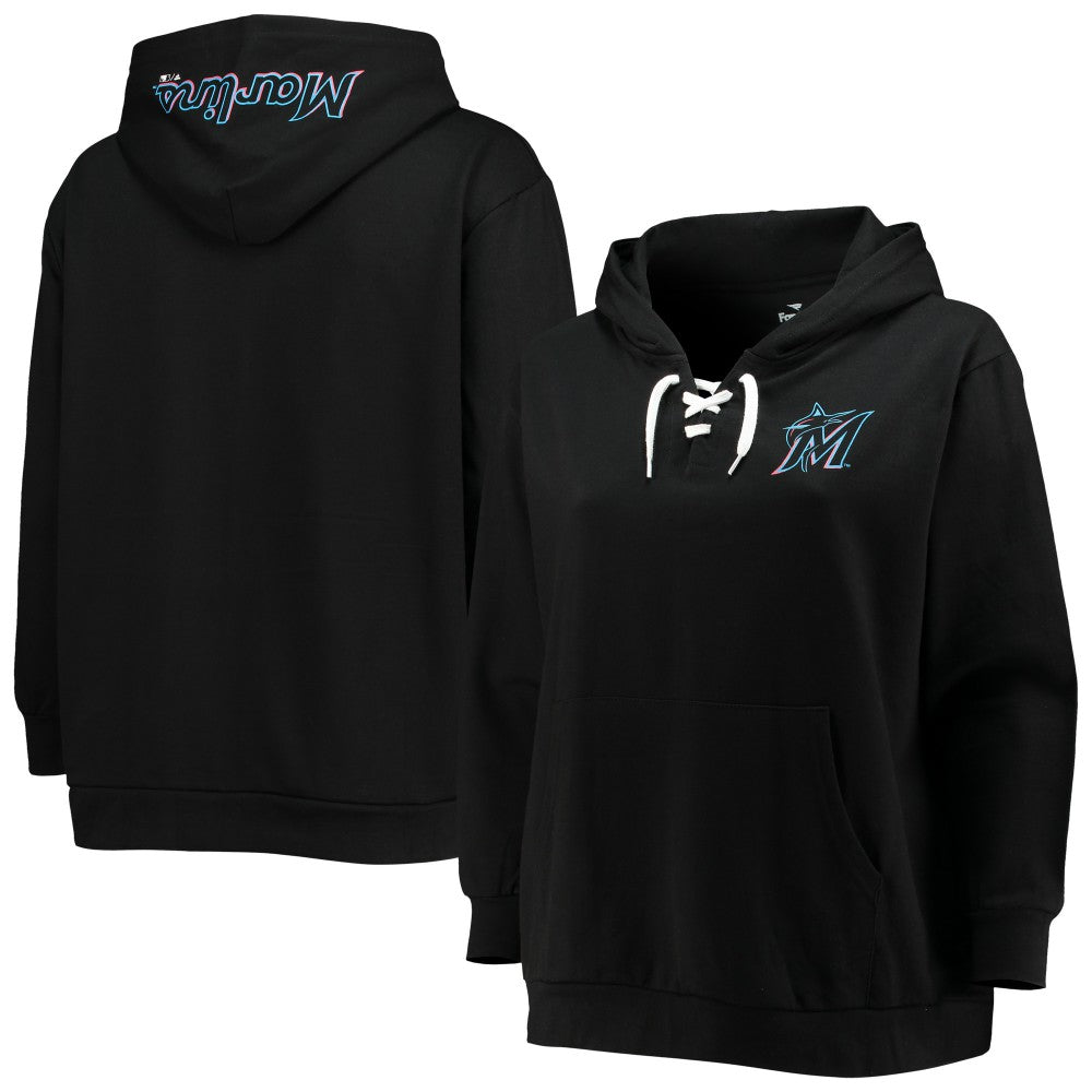 Miami Marlins Women's Plus Size Lace-Up V-Neck Pullover Hoodie - MLB