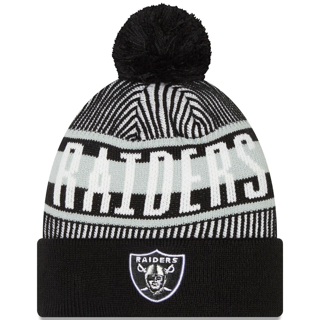 Las Vegas Raiders New Era Striped Cuffed Knit Hat with Pom Black | NFL