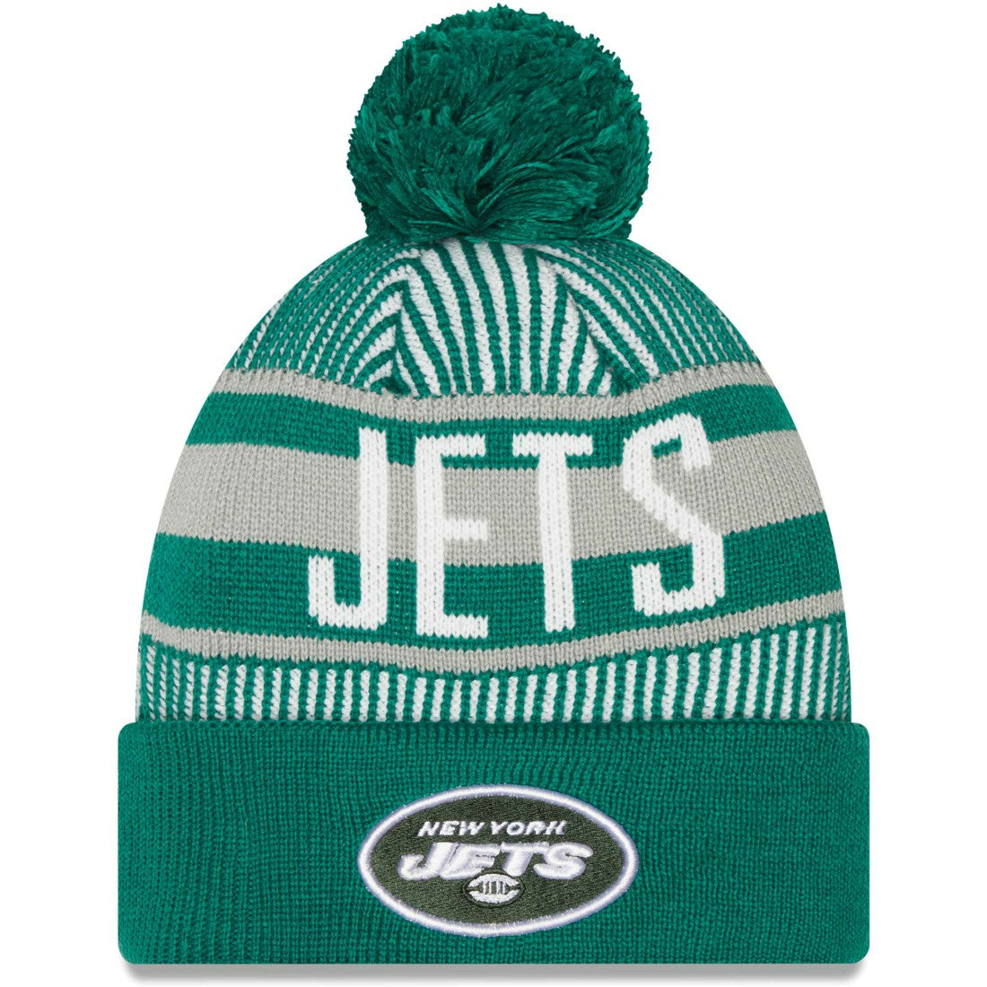New York Jets New Era Striped Cuffed Knit Hat with Pom Green | NFL