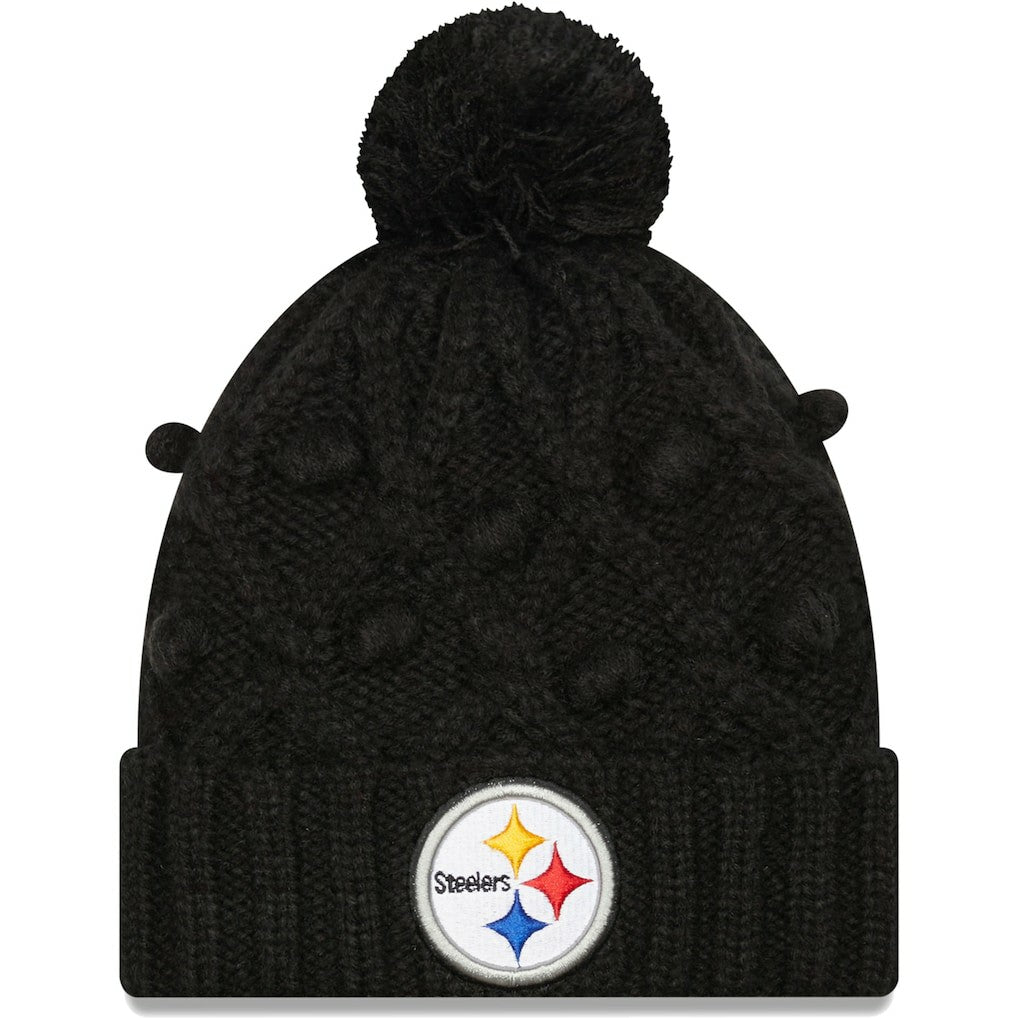 Pittsburgh Steelers New Era Girls Youth Toasty Cuffed Knit Hat with Pom Black | NFL