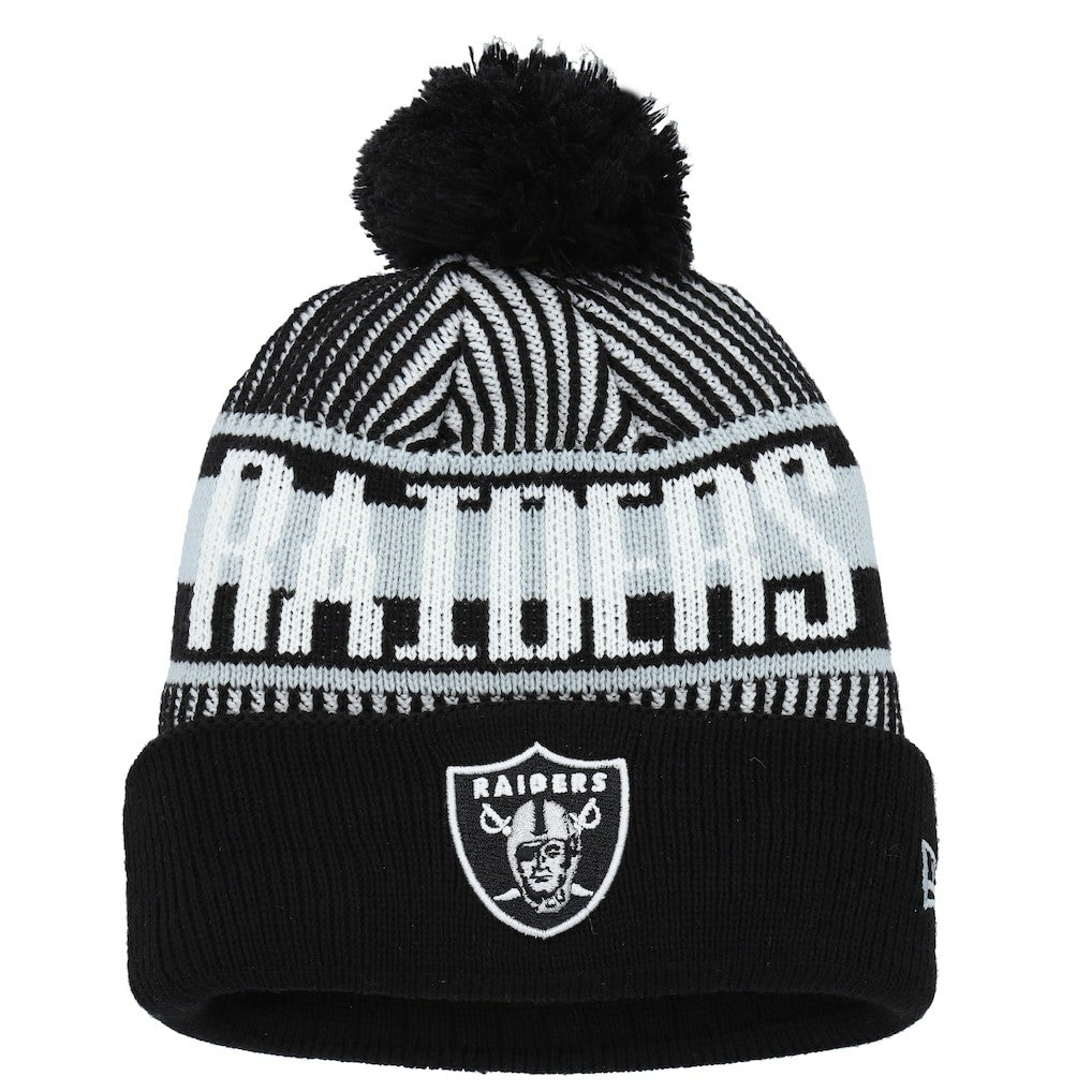 Las Vegas Raiders New Era Youth Striped Cuffed Knit Hat with Pom Black | NFL