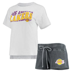 Los Angeles Lakers Concepts Sport Women's Resurgence Slub Burnout Raglan Top & Shorts Sleep Set Charcoal/White - NBA