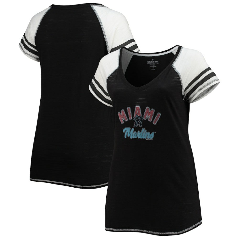 Miami Marlins Soft as a Grape Women's Curvy Color Block Tri-Blend Raglan V-Neck T-Shirt - MLB