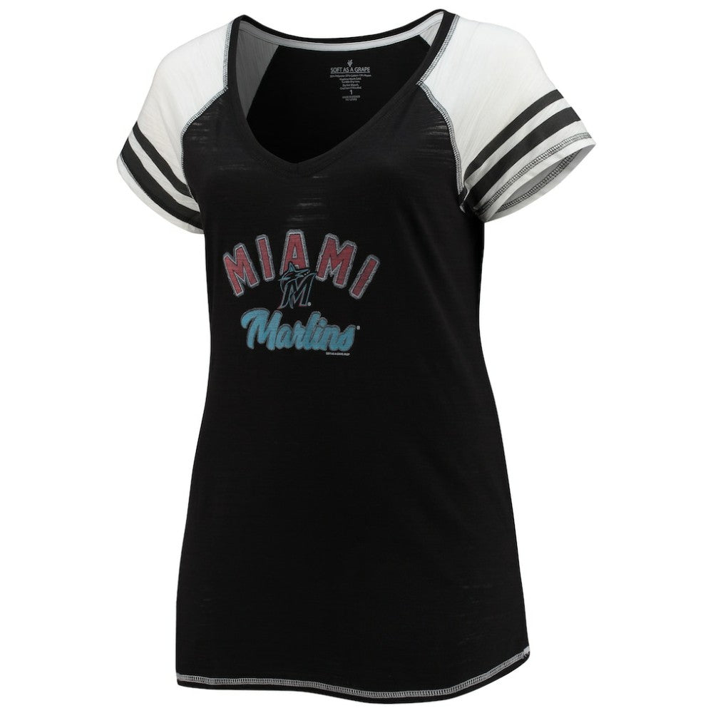 Miami Marlins Soft as a Grape Women's Curvy Color Block Tri-Blend Raglan V-Neck T-Shirt - MLB