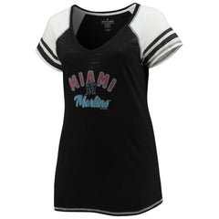 Miami Marlins Soft as a Grape Women's Curvy Color Block Tri-Blend Raglan V-Neck T-Shirt - MLB