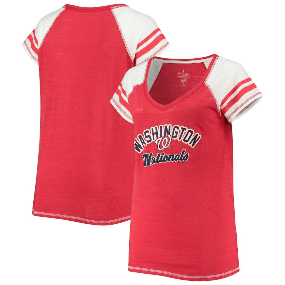 Washington Nationals Soft as a Grape Women's Curvy Color Block Tri-Blend Raglan V-Neck T-Shirt - MLB