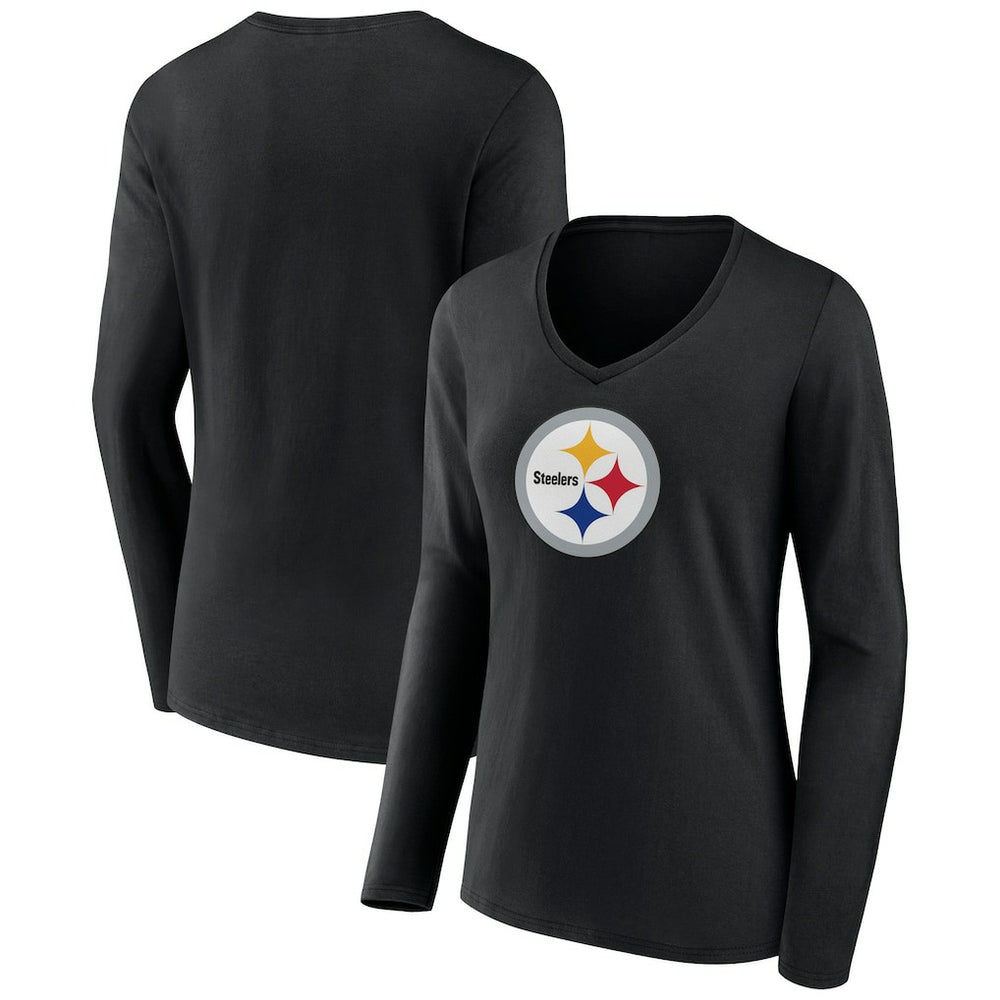 Pittsburgh Steelers Women's Primary Team Logo Long Sleeve V-Neck T-Shirt Black | NFL