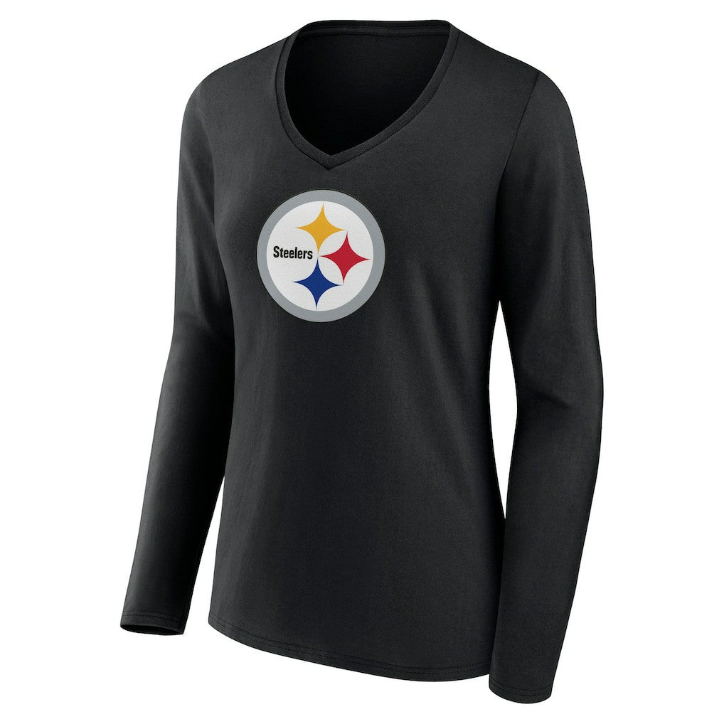 Pittsburgh Steelers Women's Primary Team Logo Long Sleeve V-Neck T-Shirt Black | NFL