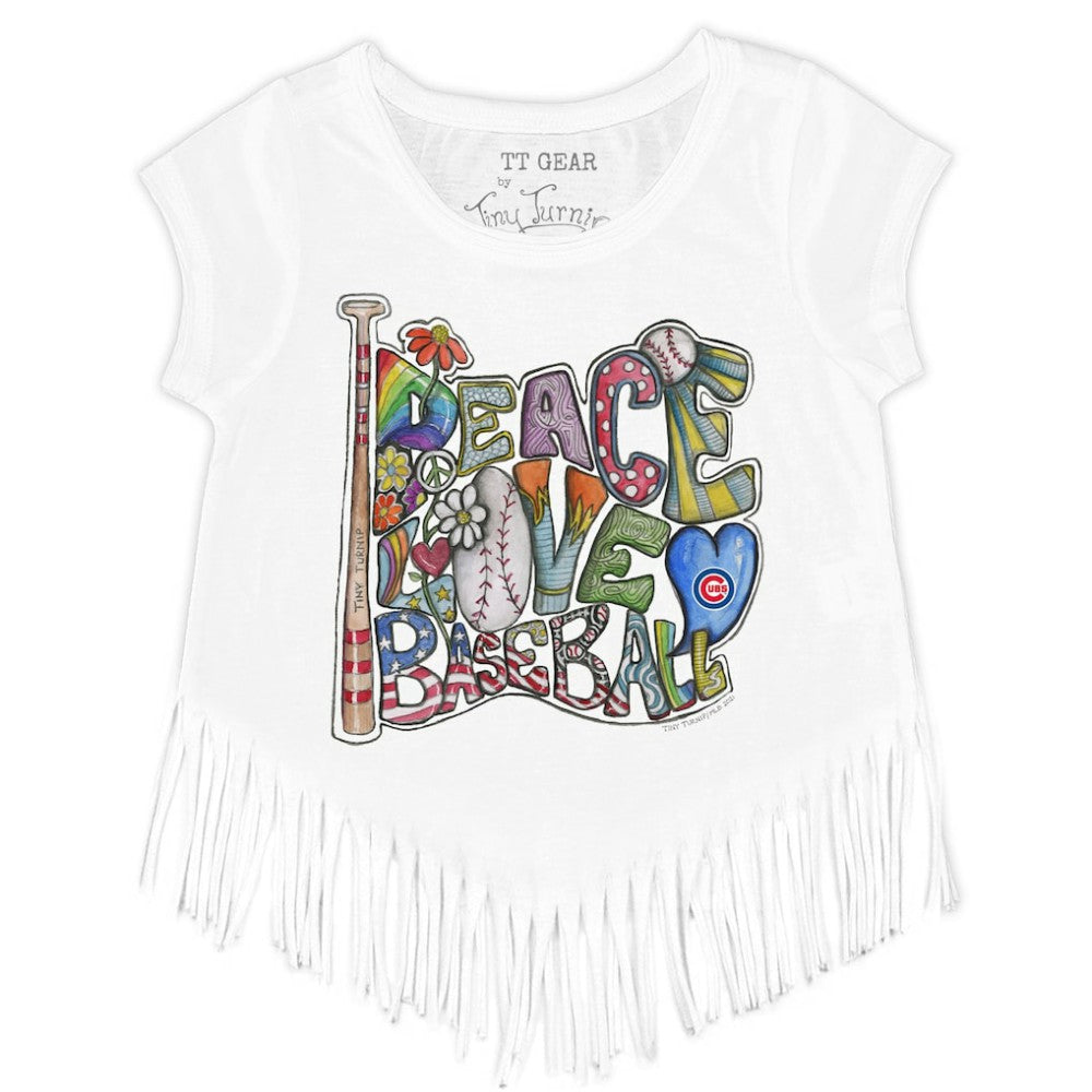 Chicago Cubs Tiny Turnip Girls Youth Peace Love Baseball Fringe T-Shirt - MLB