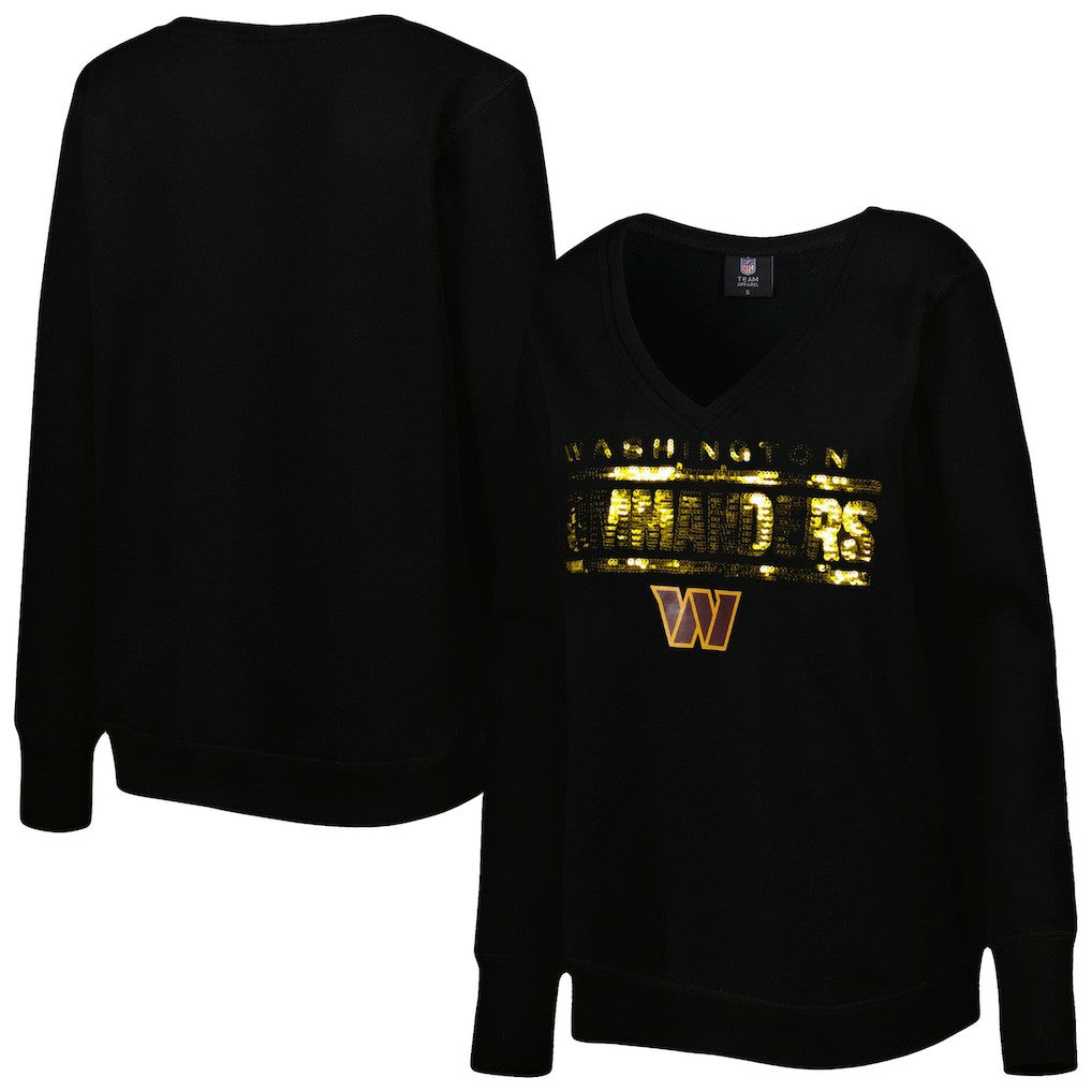 Washington Commanders Cuce Women's Sequin Logo V-Neck Pullover Sweatshirt Black | NFL