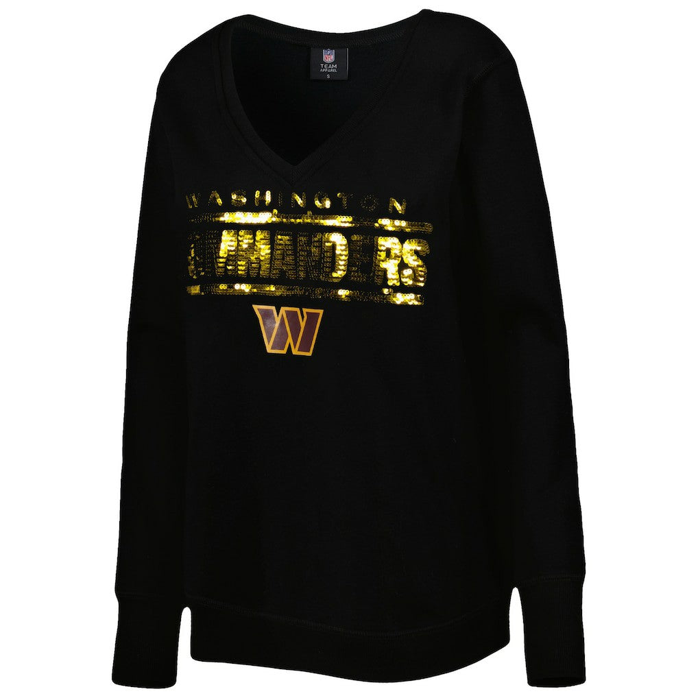Washington Commanders Cuce Women's Sequin Logo V-Neck Pullover Sweatshirt Black | NFL