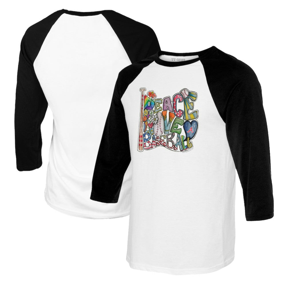 Atlanta Braves Tiny Turnip Women's Peace Love Baseball 3/4-Sleeve Raglan T-Shirt - MLB