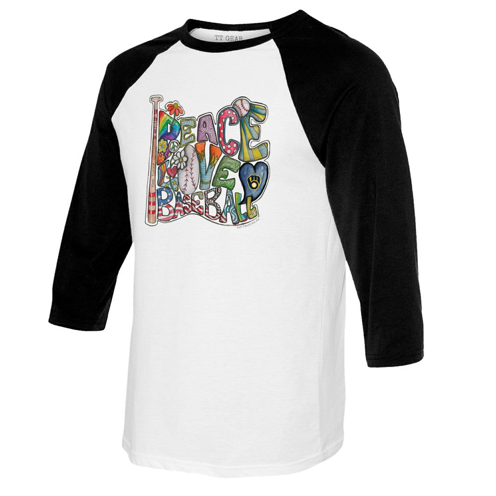 Milwaukee Brewers Tiny Turnip Women's Peace Love Baseball 3/4-Sleeve Raglan T-Shirt - MLB
