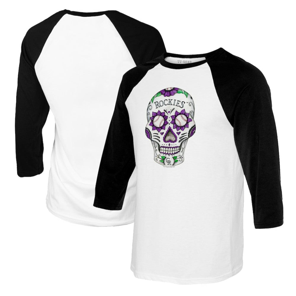 Colorado Rockies Tiny Turnip Women's Sugar Skull 3/4-Sleeve Raglan T-Shirt - MLB