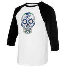 Los Angeles Dodgers Tiny Turnip Youth Sugar Skull Raglan 3/4 Sleeve T-Shirt - MLB