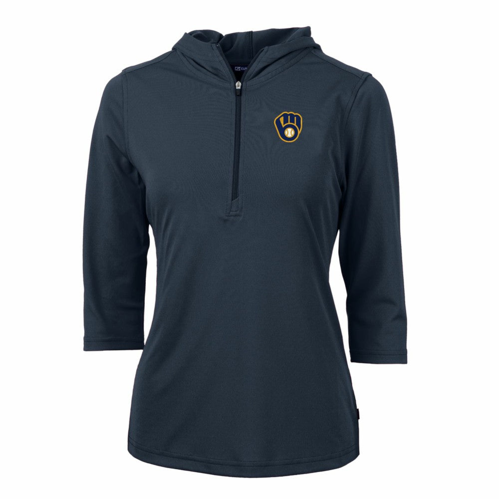 Milwaukee Brewers Cutter & Buck Women's Virtue Eco Pique 3/4 Sleeve Half-Zip Pullover Hoodie - MLB