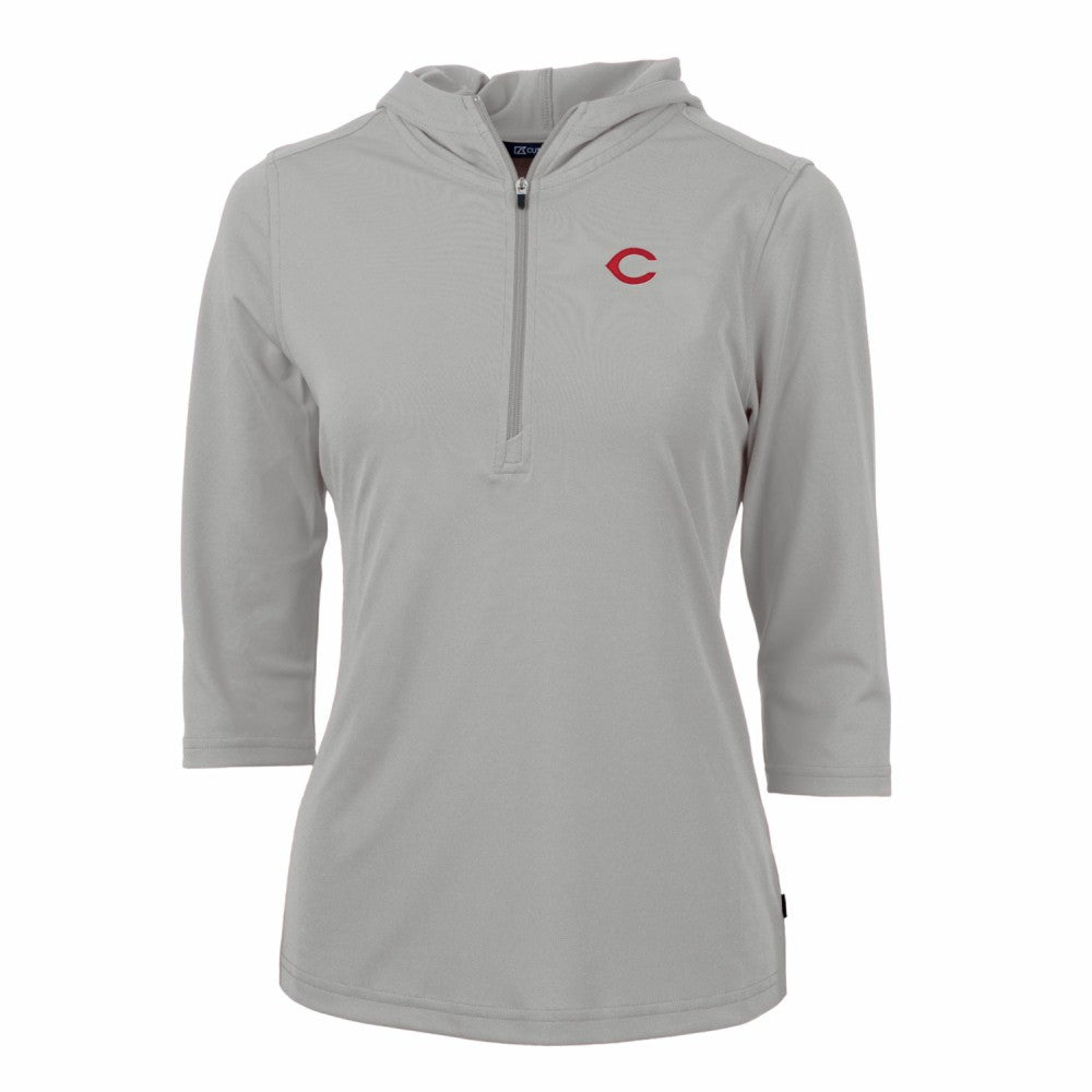 Cincinnati Reds Cutter & Buck Women's Virtue Eco Pique 3/4 Sleeve Half-Zip Pullover Hoodie - MLB
