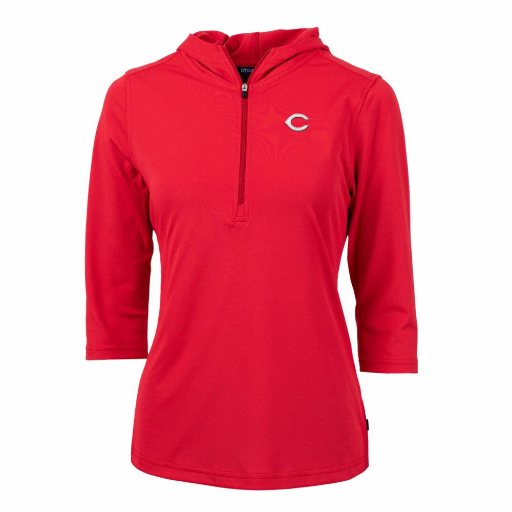Cincinnati Reds Cutter & Buck Women's Virtue Eco Pique 3/4 Sleeve Half-Zip Pullover Hoodie - MLB