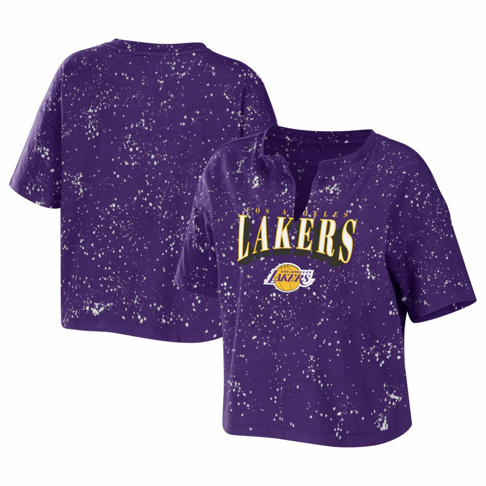 Los Angeles Lakers WEAR by Erin Andrews Women's Bleach Splatter Notch Neck T-Shirt Purple - NBA