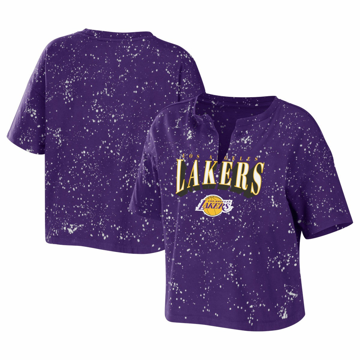 Los Angeles Lakers WEAR by Erin Andrews Women's Bleach Splatter Notch Neck T-Shirt Purple - NBA