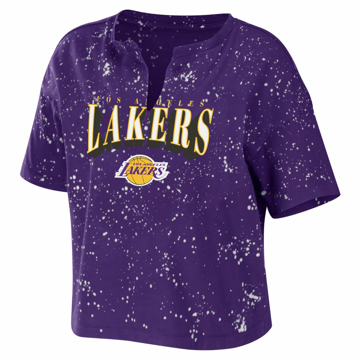 Los Angeles Lakers WEAR by Erin Andrews Women's Bleach Splatter Notch Neck T-Shirt Purple - NBA