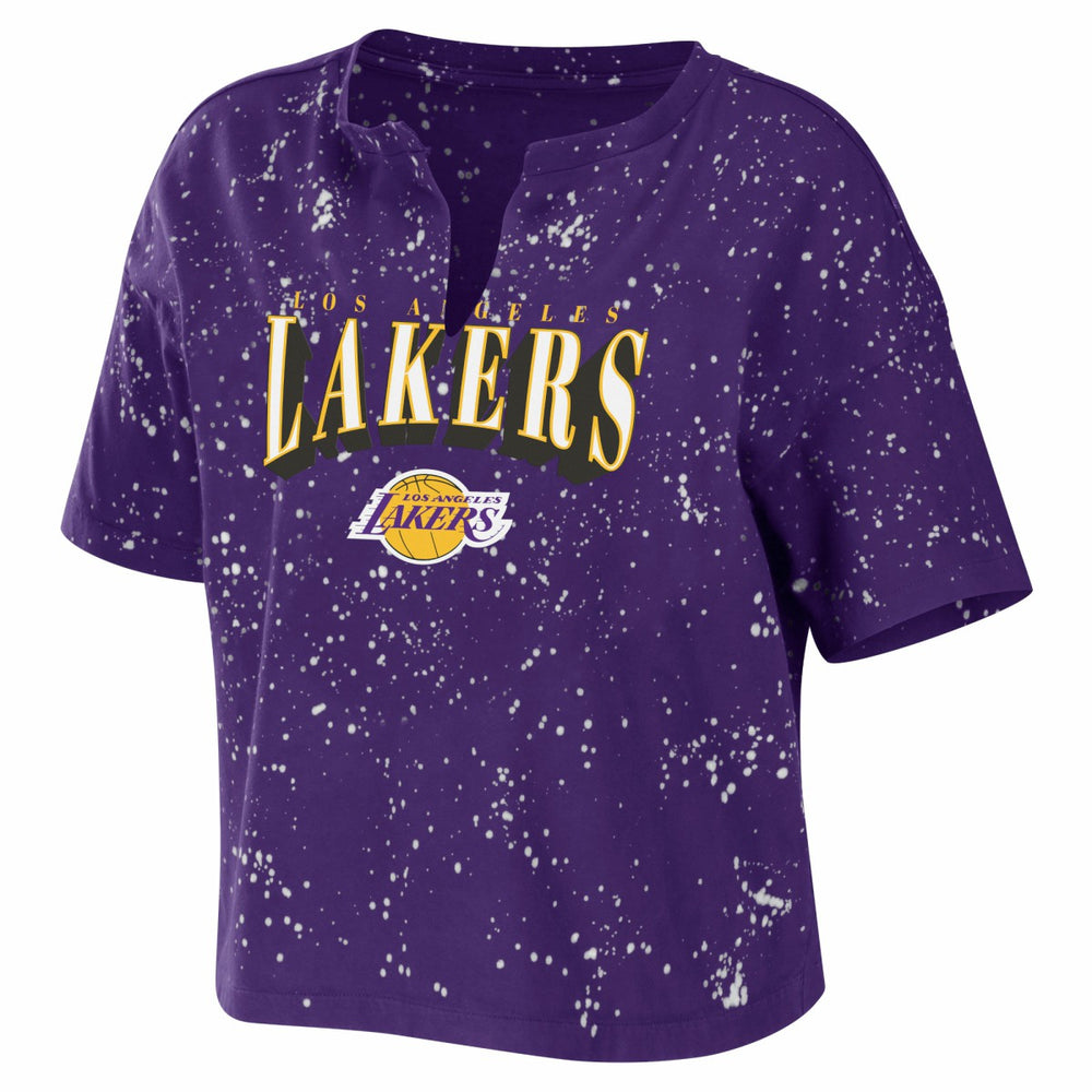 Los Angeles Lakers WEAR by Erin Andrews Women's Bleach Splatter Notch Neck T-Shirt Purple - NBA