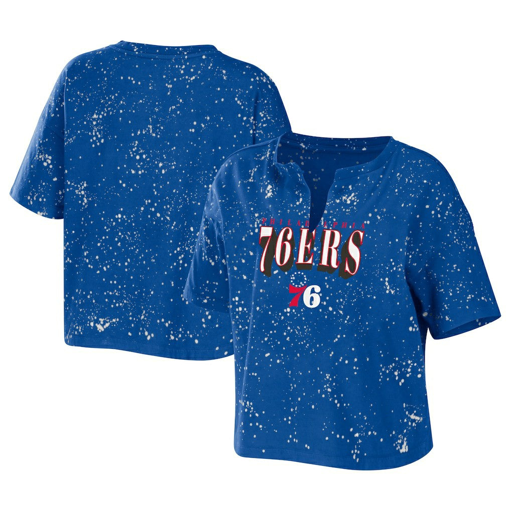 Philadelphia 76ers WEAR by Erin Andrews Women's Bleach Splatter Notch Neck T-Shirt Royal - NBA