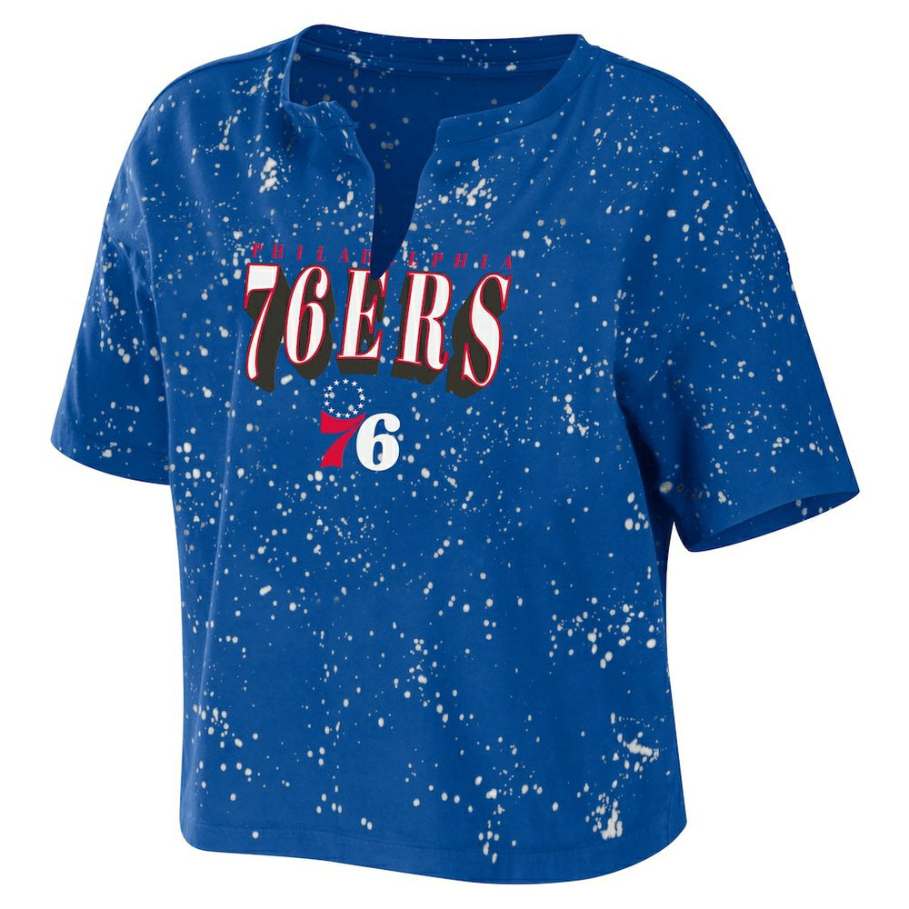 Philadelphia 76ers WEAR by Erin Andrews Women's Bleach Splatter Notch Neck T-Shirt Royal - NBA