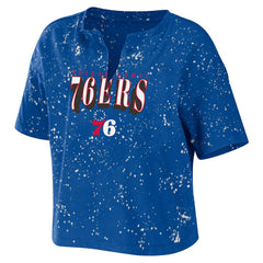 Philadelphia 76ers WEAR by Erin Andrews Women's Bleach Splatter Notch Neck T-Shirt Royal - NBA