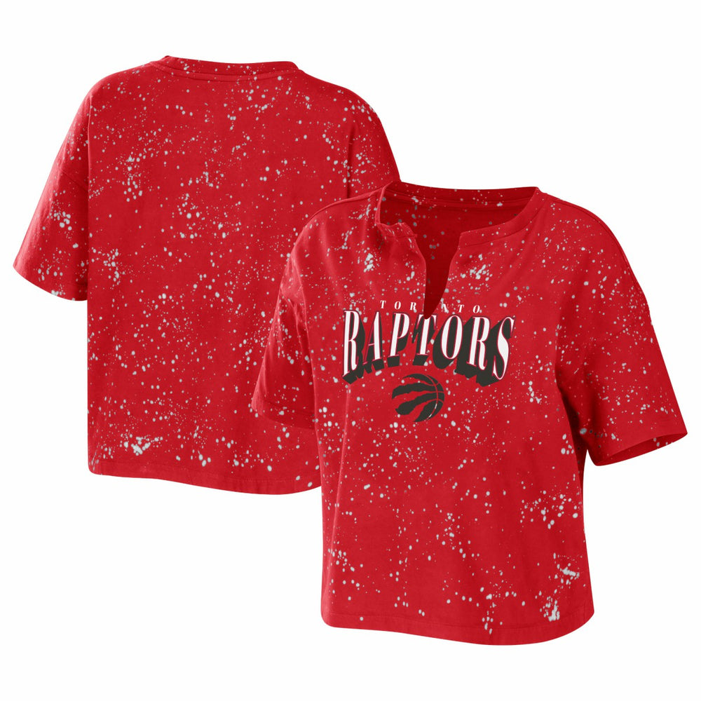 Toronto Raptors WEAR by Erin Andrews Women's Bleach Splatter Notch Neck T-Shirt Red - NBA