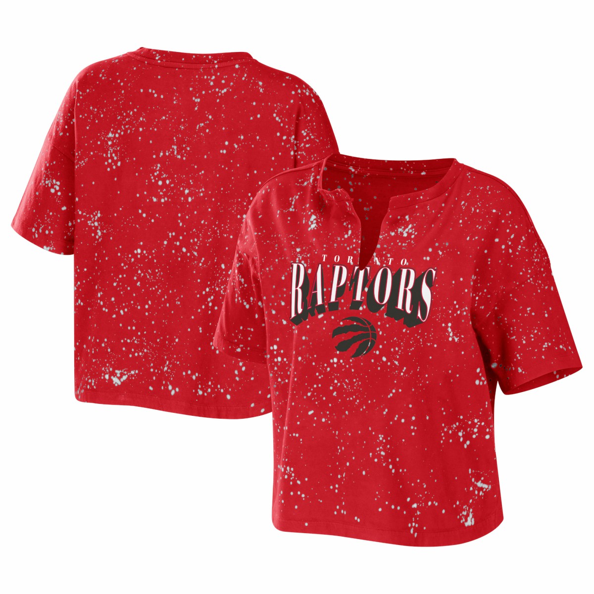 Toronto Raptors WEAR by Erin Andrews Women's Bleach Splatter Notch Neck T-Shirt Red - NBA