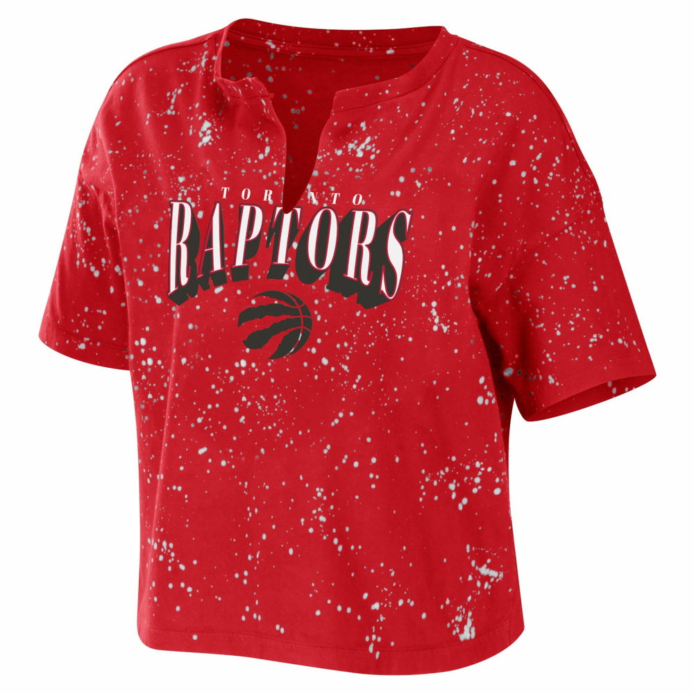 Toronto Raptors WEAR by Erin Andrews Women's Bleach Splatter Notch Neck T-Shirt Red - NBA