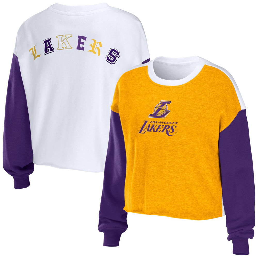 Los Angeles Lakers WEAR by Erin Andrews Women's Mixed Letter Cropped Pullover Sweatshirt Heather Gold - NBA