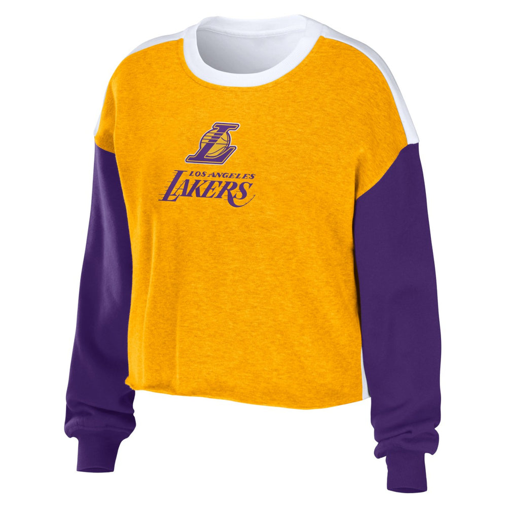 Los Angeles Lakers WEAR by Erin Andrews Women's Mixed Letter Cropped Pullover Sweatshirt Heather Gold - NBA