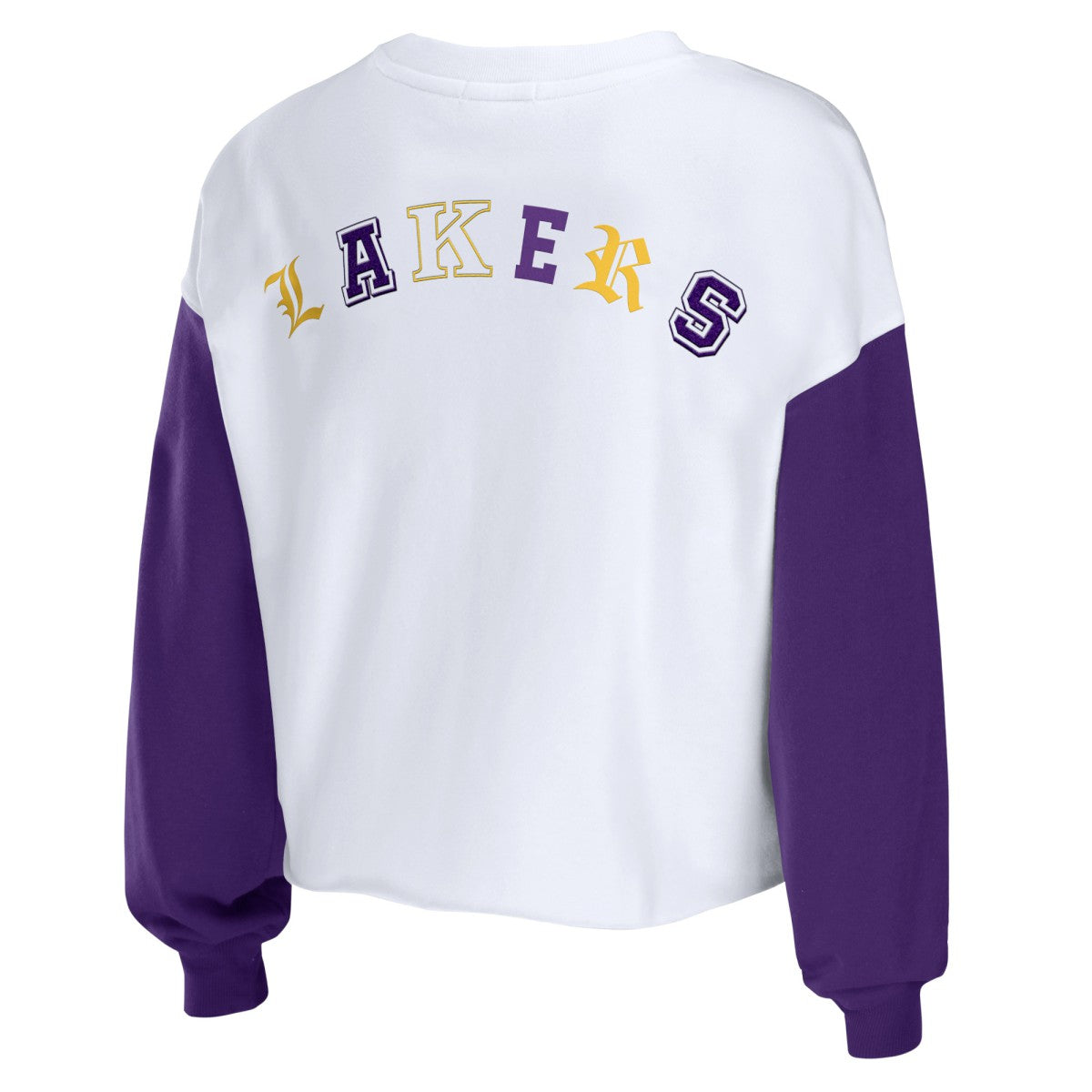 Los Angeles Lakers WEAR by Erin Andrews Women's Mixed Letter Cropped Pullover Sweatshirt Heather Gold - NBA