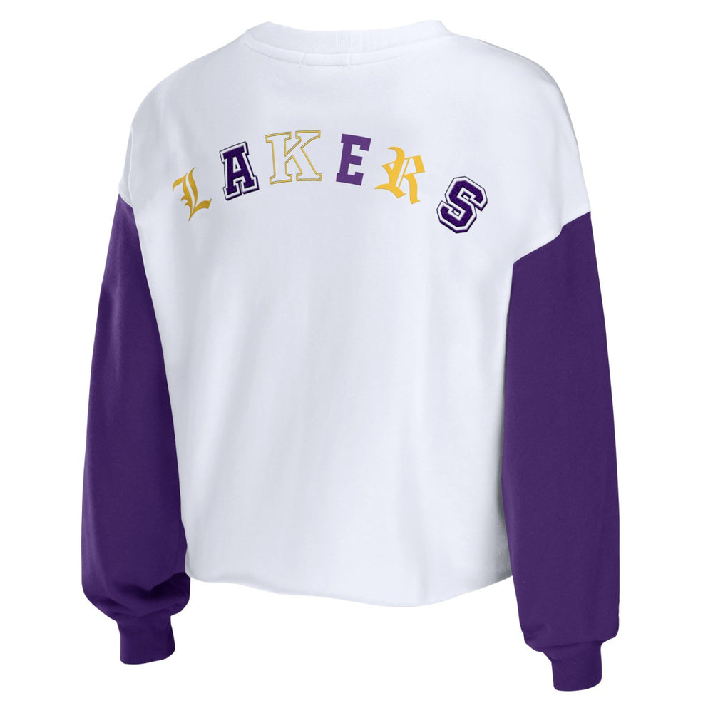 Los Angeles Lakers WEAR by Erin Andrews Women's Mixed Letter Cropped Pullover Sweatshirt Heather Gold - NBA