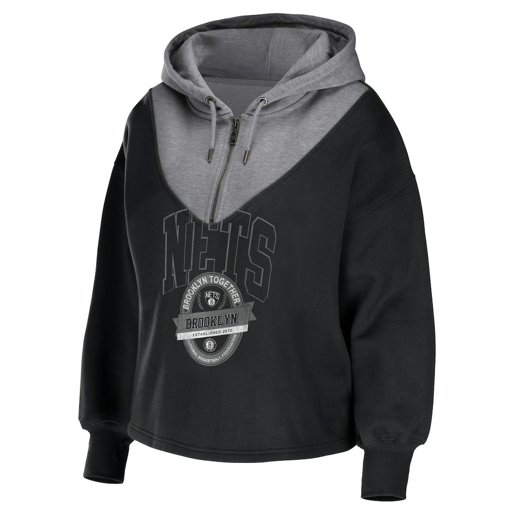 Brooklyn Nets WEAR by Erin Andrews Women's Pieced Quarter-Zip Hoodie Jacket Black - NBA