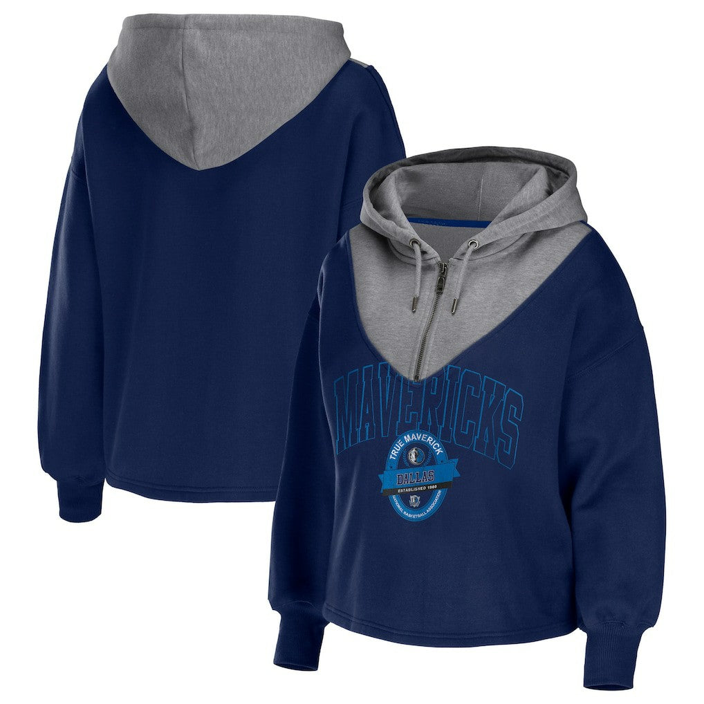 Dallas Mavericks WEAR by Erin Andrews Women's Pieced Quarter-Zip Hoodie Jacket Navy - NBA