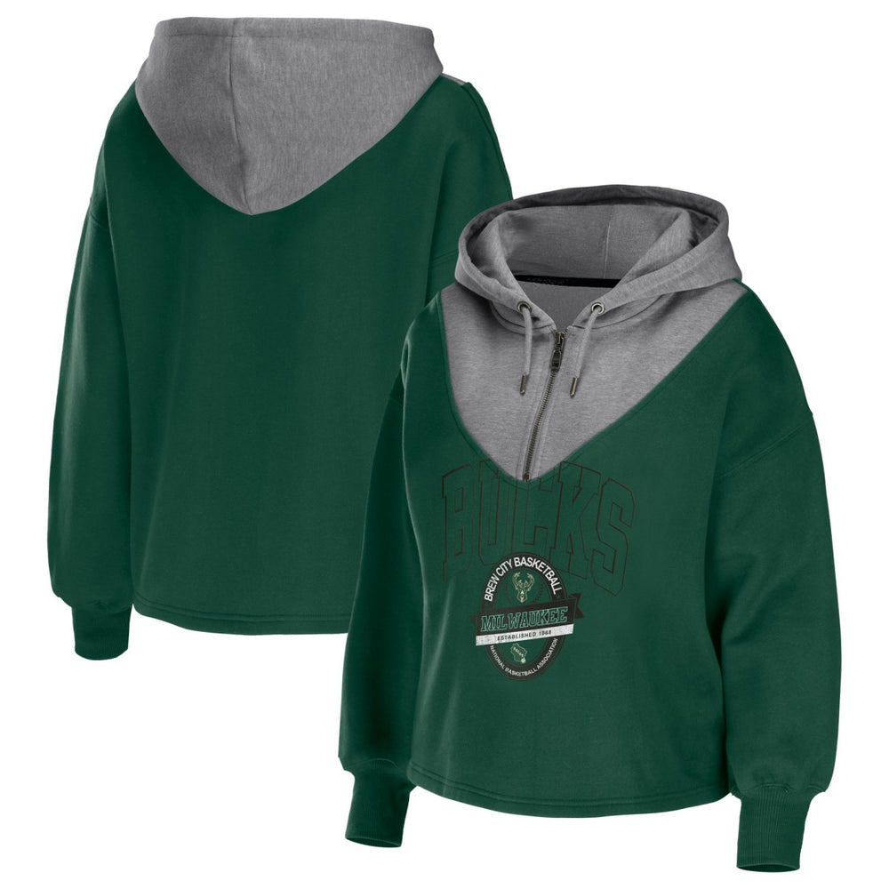 Milwaukee Bucks WEAR by Erin Andrews Women's Pieced Quarter-Zip Hoodie Jacket Hunter Green - NBA