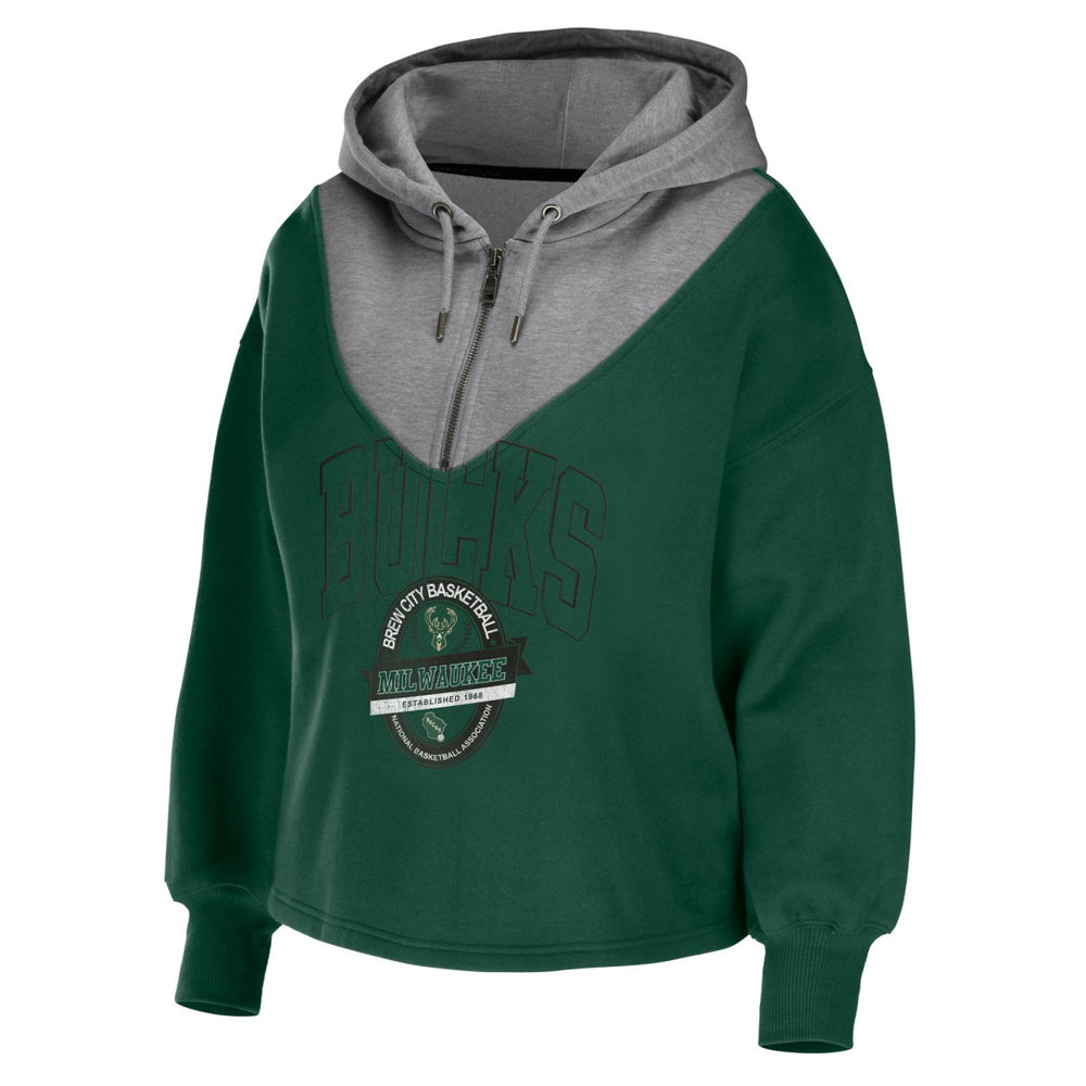 Milwaukee Bucks WEAR by Erin Andrews Women's Pieced Quarter-Zip Hoodie Jacket Hunter Green - NBA