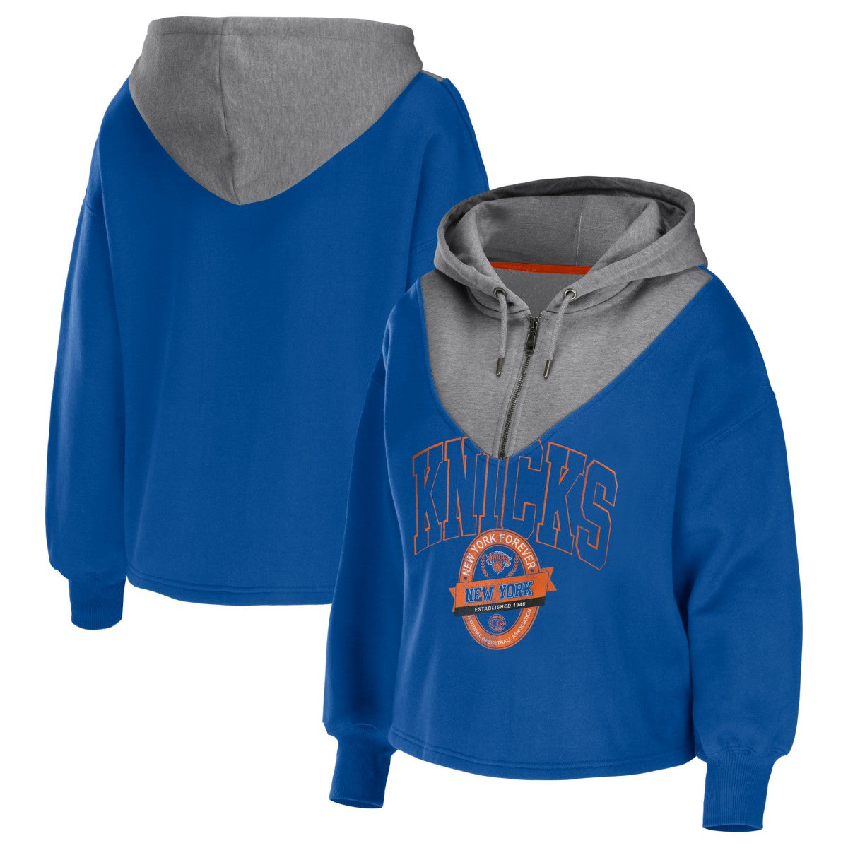 New York Knicks WEAR by Erin Andrews Women's Pieced Quarter-Zip Hoodie Jacket Blue - NBA